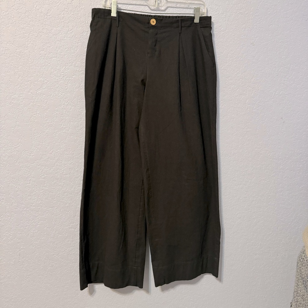 Free People Boho Black Wide Leg Button Fly Elastic Waistband Pants Trousers